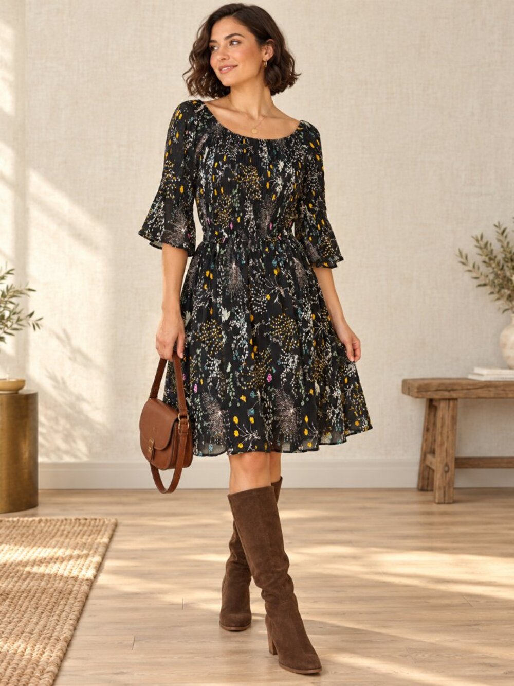 Yumi UK Black Floral Midi Dress with Yellow & Teal Accents Size 12